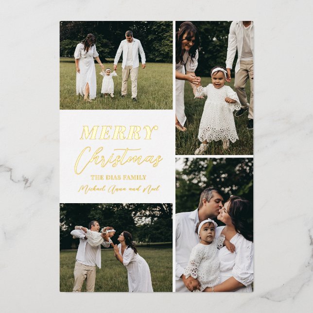 Completely Custom Christmas 4 Photo Collage White Foil Holiday Card (Front)