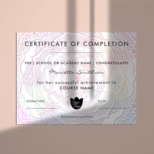 Completion Certificate Colorful Mandala Yoga Reiki