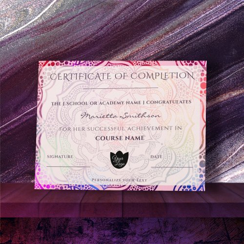 Completion Certificate Colorful Mandala Yoga Reiki