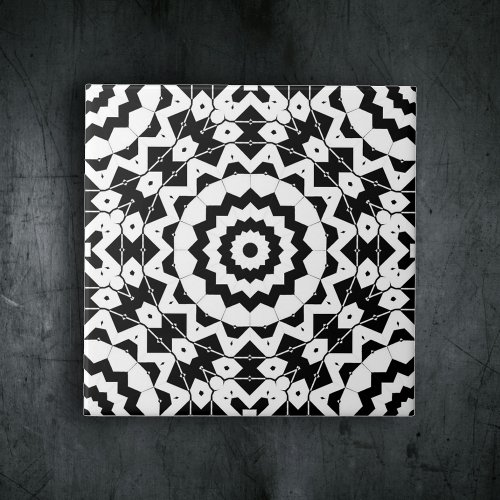 Complex Black and White Geometric Pattern Ceramic Tile
