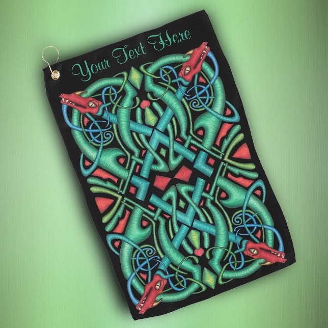 Complex Irish Celtic Knot Greens blues Dragon Head Golf Towel (Complex Irish Celtic Knot greens blue red dragon heads on black golf towel.)