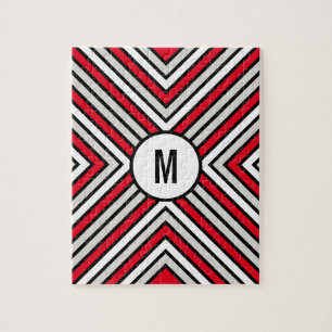Complex Red White and Black Striped Monogram Jigsaw Puzzle