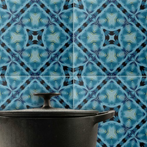 Complex Soft Blue and Indigo Geometric Pattern Ceramic Tile