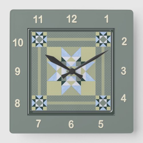 Complex Star Patch Quilt Block in Greens Square Wall Clock
