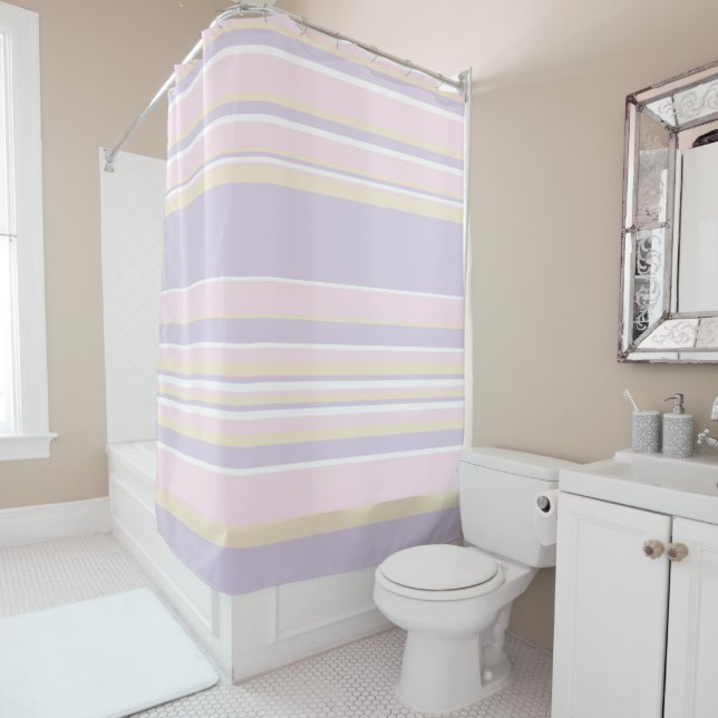 Complex Stripes - Pastel Pink, Yellow and Purple Shower Curtain (In Situ)