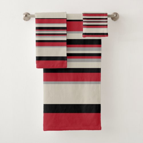 Complex Stripes _ Red Grey Black and Bone White Bath Towel Set