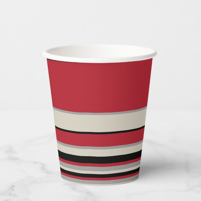 Complex Stripes - Red, Grey, Black and Bone White Paper Cups (Front)
