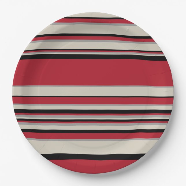 Complex Stripes - Red, Grey, Black and Bone White Paper Plates (Front)