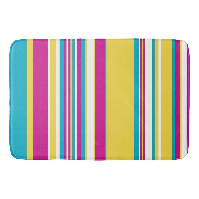 Complex Stripes -Turquoise, Yellow, Pink and White Bath Mat (Front)