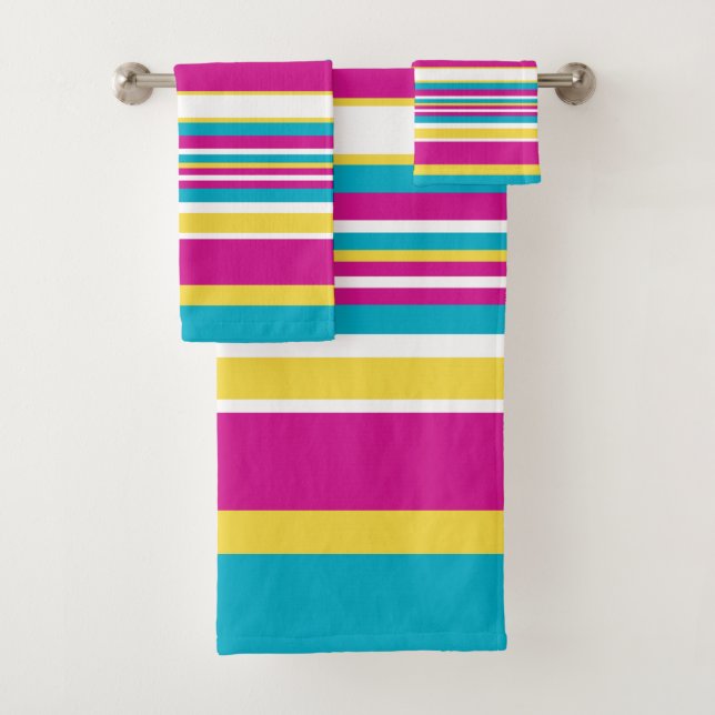 Complex Stripes -Turquoise, Yellow, Pink and White Bath Towel Set (Insitu)