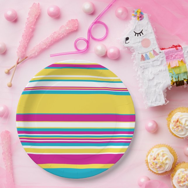 Complex Stripes -Turquoise, Yellow, Pink and White Paper Plates (Party)