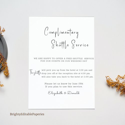 Complimentary Wedding Shuttle Service Sign 