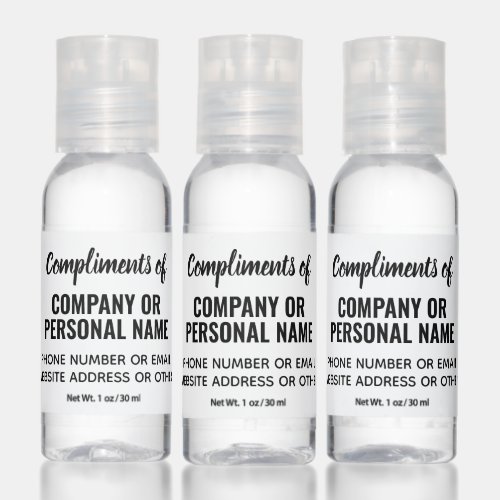 Compliments of _ add your business or company name hand sanitizer