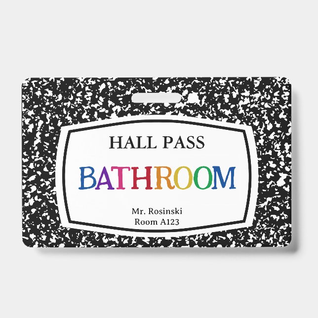 composition book bathroom hall pass for educators badge (Front)
