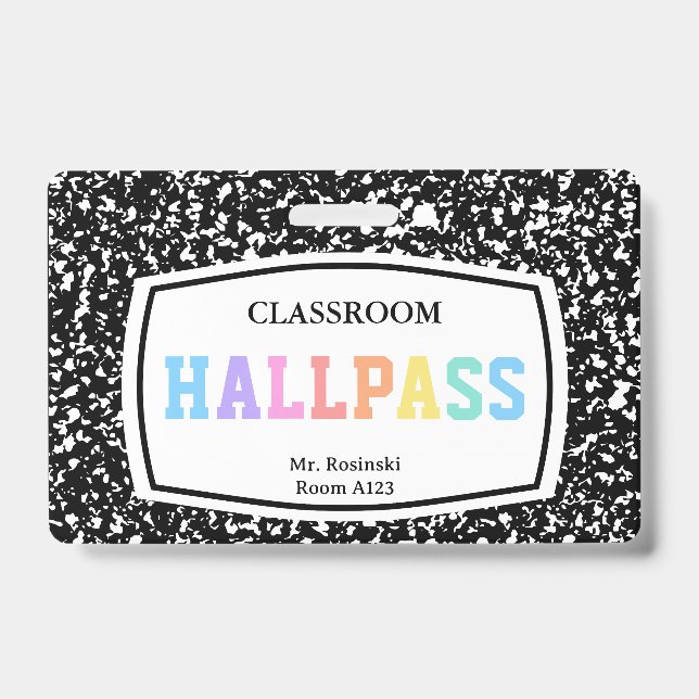 composition book classroom hall pass lanyard badge (Front)