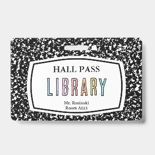composition book library hall pass lanyard badge