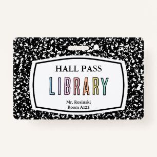 composition book library hall pass lanyard badge