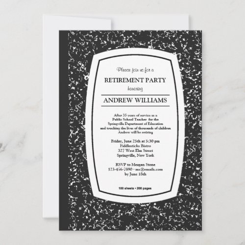 Composition Book Teacher Retirement Party Invites