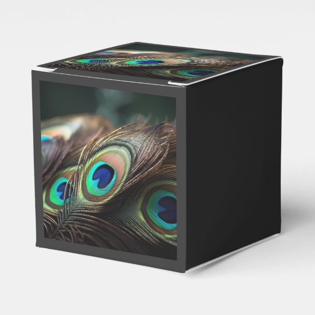 Composition of bright peacock feathers favor boxes (Front Side)
