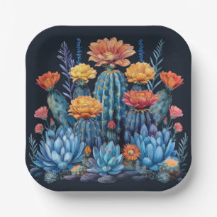 Composition of flowering cacti, succulents paper plates