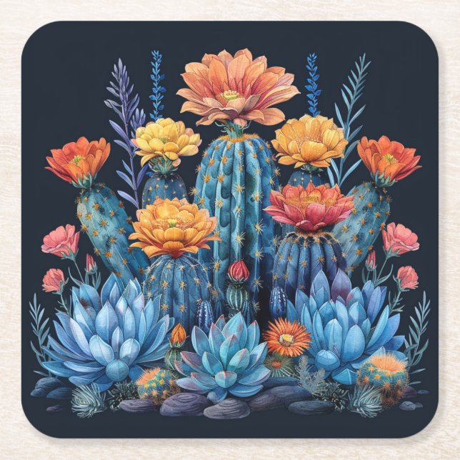 Composition of flowering cacti, succulents square paper coaster (Front)