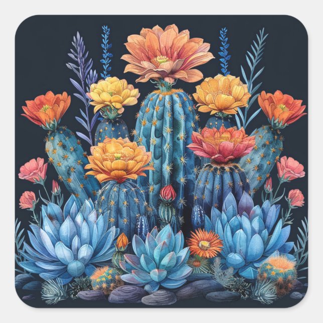 Composition of flowering cacti, succulents square sticker (Front)