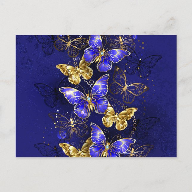 Composition of luxurious sapphire and gold jewelry holiday postcard (Front)