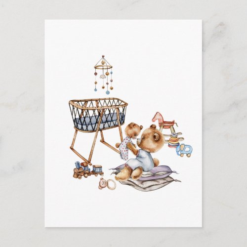 Composition of watercolor baby toys and teddy bear postcard