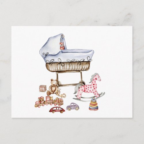 Composition of watercolor baby toys and teddy bear postcard