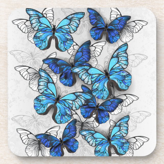Composition of White and Blue Butterflies Beverage Coaster (Front)