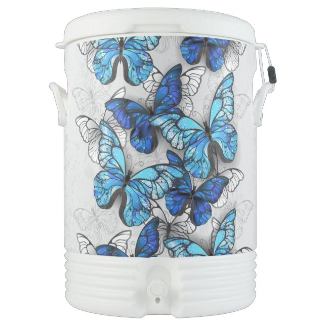 Composition of White and Blue Butterflies Beverage Cooler (Front)