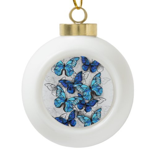 Composition of White and Blue Butterflies Ceramic Ball Christmas Ornament