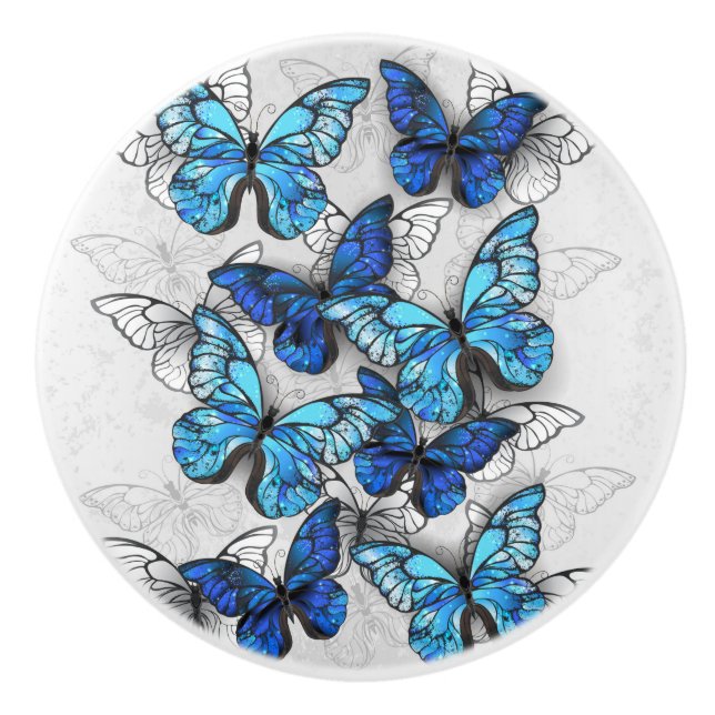 Composition of White and Blue Butterflies Ceramic Knob (Front)