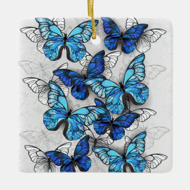 Composition of White and Blue Butterflies Ceramic Ornament (Front)