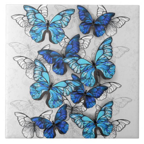 Composition of White and Blue Butterflies Ceramic Tile