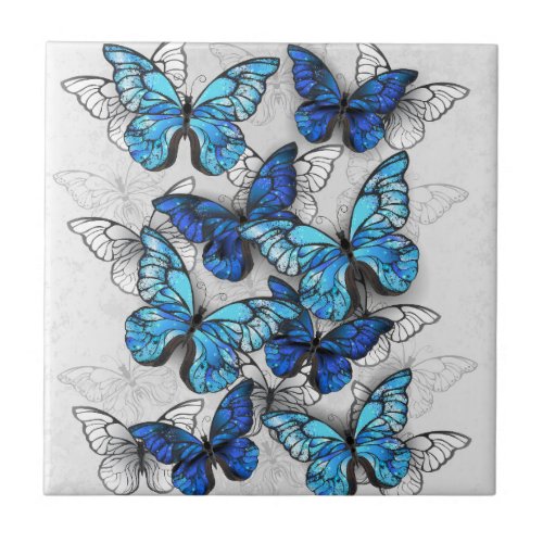 Composition of White and Blue Butterflies Ceramic Tile