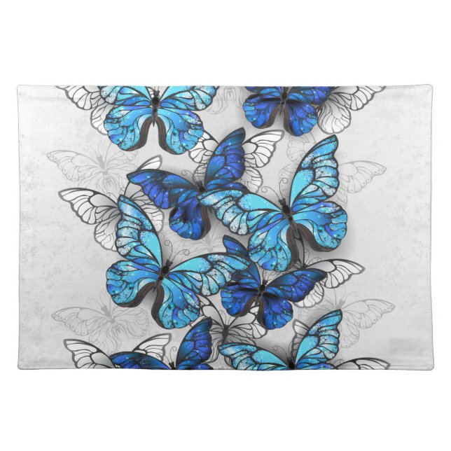 Composition of White and Blue Butterflies Cloth Placemat (Front)