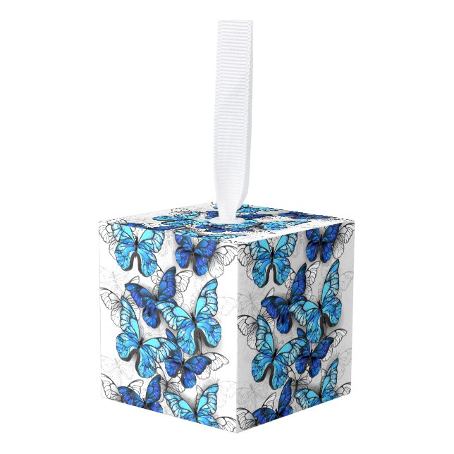 Composition of White and Blue Butterflies Cube Ornament (Front Angled)