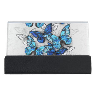 Composition of White and Blue Butterflies Desk Business Card Holder