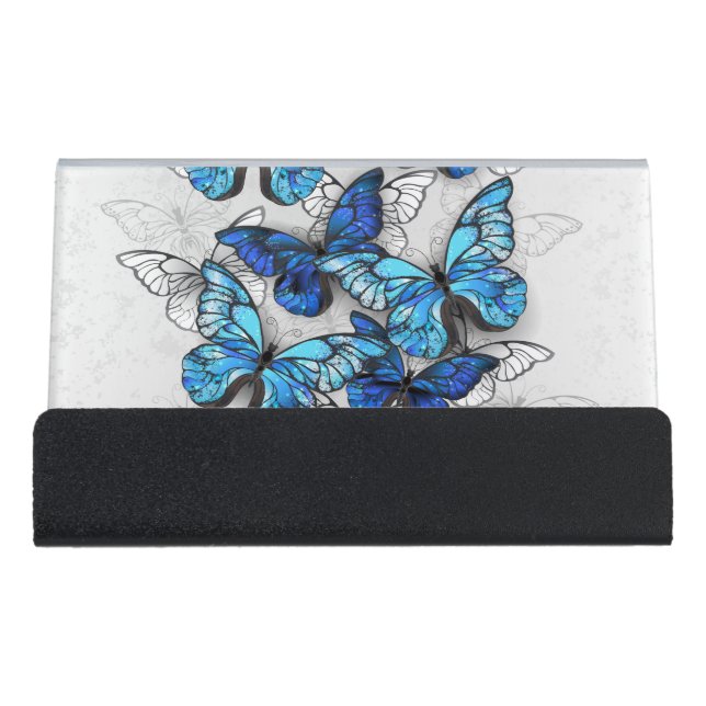 Composition of White and Blue Butterflies Desk Business Card Holder (Front)