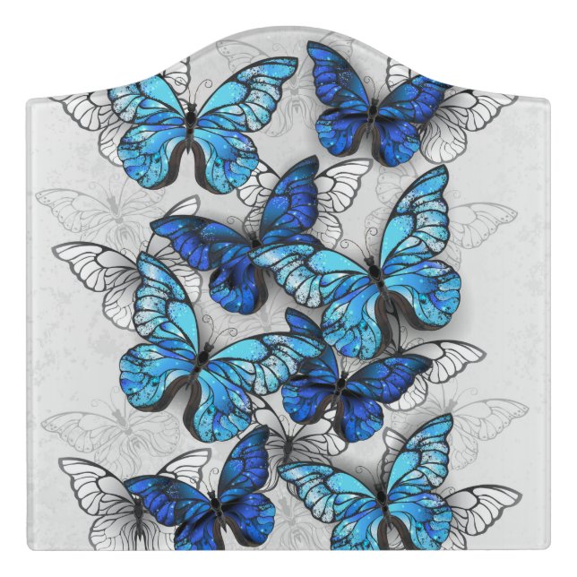 Composition of White and Blue Butterflies Door Sign (Large Crest Front)