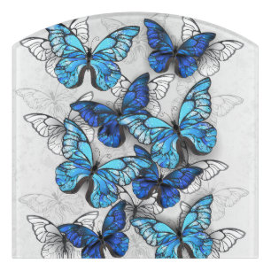 Composition of White and Blue Butterflies Door Sign