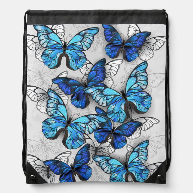 Composition of White and Blue Butterflies Drawstring Bag (Front)