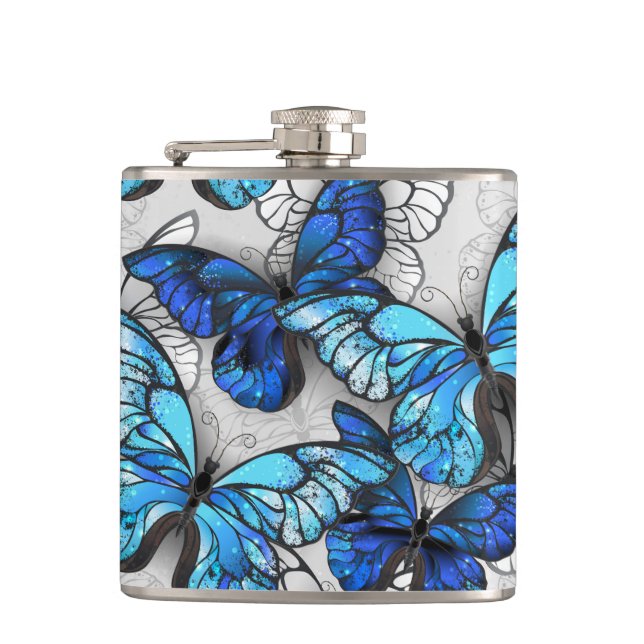 Composition of White and Blue Butterflies Flask (Front)