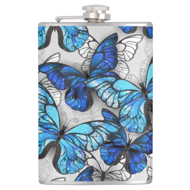 Composition of White and Blue Butterflies Flask (Front)