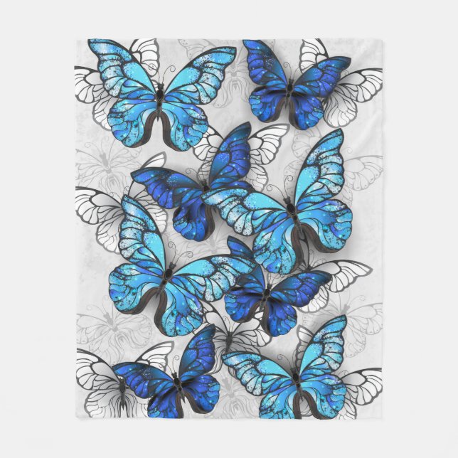 Composition of White and Blue Butterflies Fleece Blanket (Front)