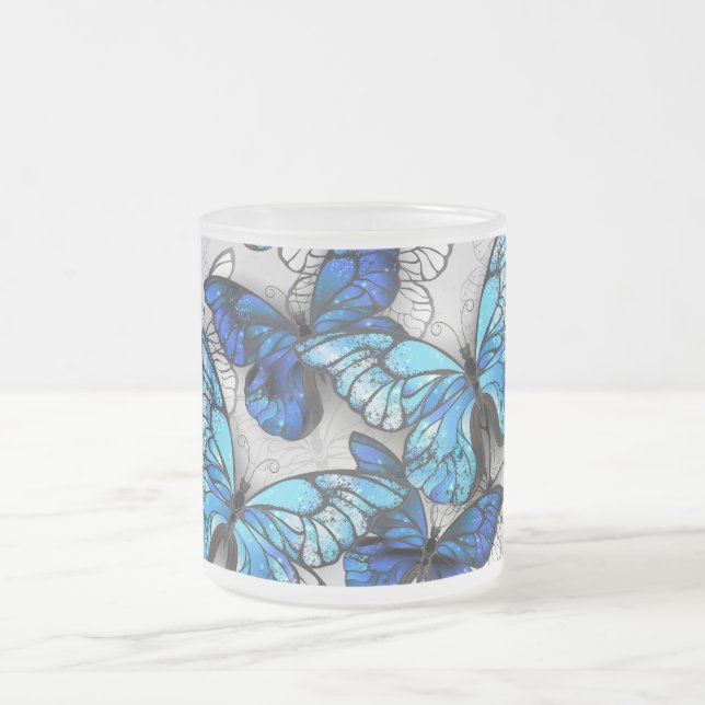 Composition of White and Blue Butterflies Frosted Glass Coffee Mug (Center)