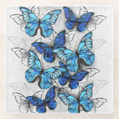 Composition of White and Blue Butterflies Glass Coaster