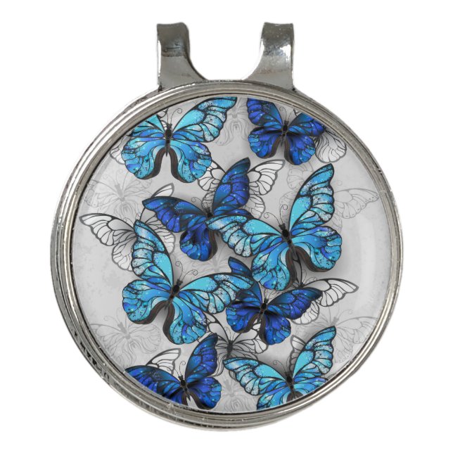 Composition of White and Blue Butterflies Golf Hat Clip (Front)