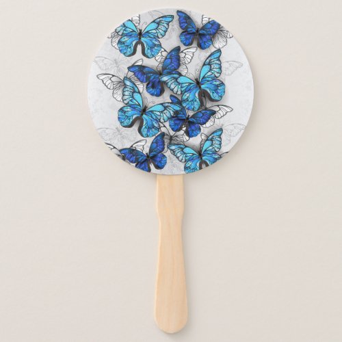 Composition of White and Blue Butterflies Hand Fan